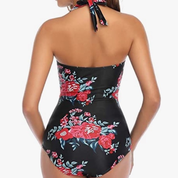 Smismivo Tummy Control Halter One Piece Retro Ruched Push Up Bathing Suit - Picture 2 of 5